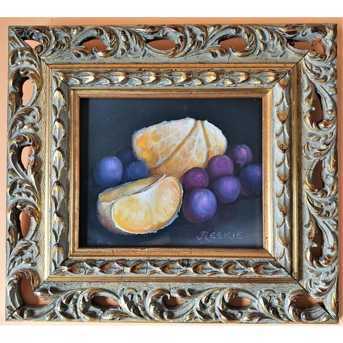 350 - Reekie; Acrylic on Board - 'Still Life - Oranges and Grapes' within a Gilt Frame