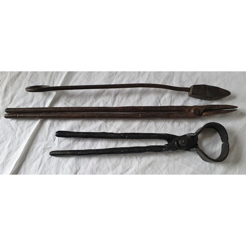 404 - 19th Century Blacksmith's soldering iron, Blacksmith's tongs and One Other