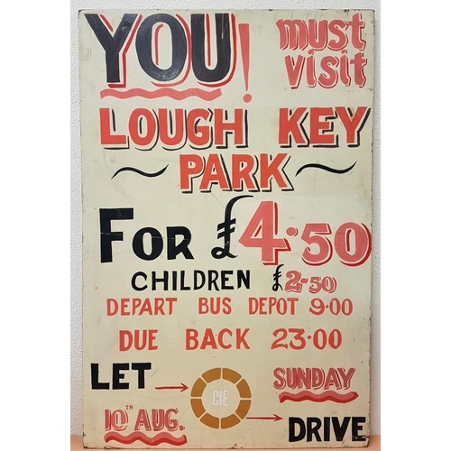 43 - Original Hand Painted C.I.E. Wooden Sign with details of Day Excursions to Lough Key Park. c.24in x ... 
