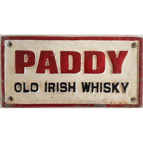 61 - Cast Metal Paddy Old Irish Whiskey Sign - c. 4 x 8ins