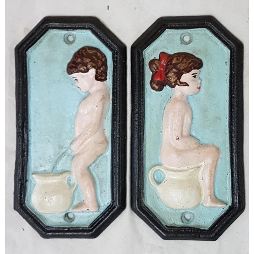 67 - Pair of Cast Iron 'Boy' and 'Girl' Toilet/Bathroom Signs, c.3.5 x 7in