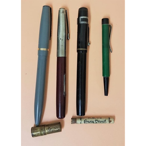 93 - Three Various Fountain Pens, a Pencil Pen, A Thorn's Gift Brass Nib Case and a Conways Stewart Lead ... 