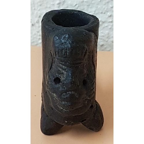 95 - Ceramic Pipe (possibly 18th Century) with tribal face mask. 12cm long by 6cm tall