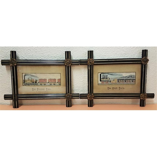 105 - Late 19th Century pair of silk Stephengraphs of Steam Engines - 'The First Train' and 'The Present T... 