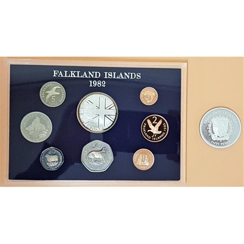 121 - Falkland Island's Liberation Proof Set 1982. Royal Mint. 8 Proof Coins; and Royal Mint Silver Proof ... 