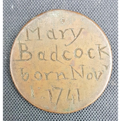 150 - Copper Birth Medal (Mary Badcock) born No. 1st 1741 (animal verso). - 10 grams