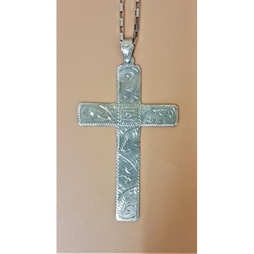 247 - Large 925 Sterling Silver Cross and Charm. Chain 17ins, Cross 8.5 x 4.5cm - 14 grams