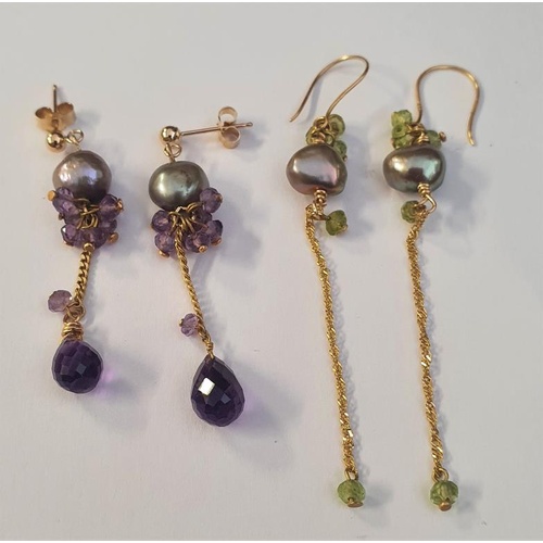 263 - Pair of 14ct Gold Cultured Pearl and Faceted Amethyst Earrings with a similar pair of 9ct Cultured P... 