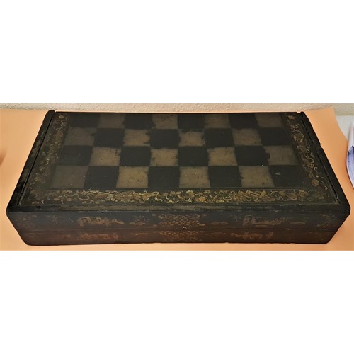 277 - 19th Century Chess/Draughts/Backgammon board in the Chinese manner. The ebonised case with gilt chin... 
