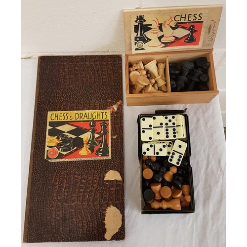 278 - 2 Vintage treen wood chess sets, games board, and set Dominoes