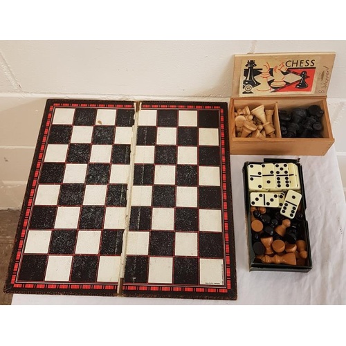 278 - 2 Vintage treen wood chess sets, games board, and set Dominoes