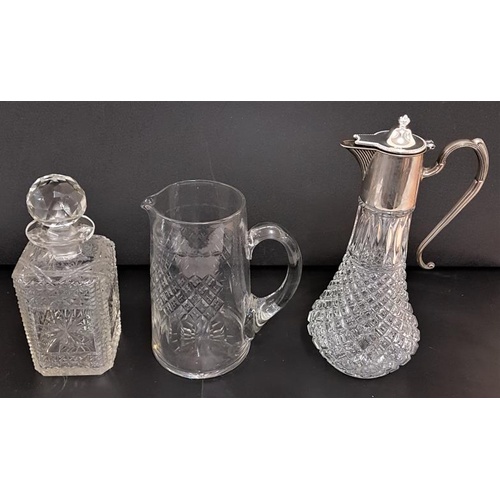 299 - Good Claret Jug with silver plated handle, a Cut-Glass Water Jug and a Pretty Glass Decanter (3)