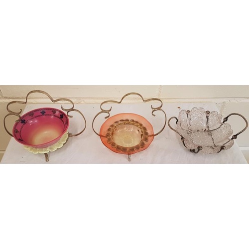 305 - Satin glass, amber glass, & cut glass Bon-Bon dishes on EP frames, (3
