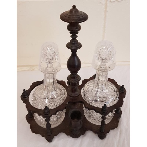 307 - Antique Rosewood decanter stand & cur glass decanters