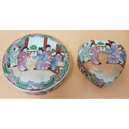 329 - Two Late 20th Century Cantonese Trinket Boxes - Circular on 12cm diameter and Heart Shape 9cm