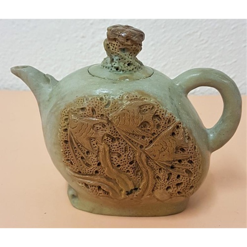 332 - Unusual (possibly early 20th Century) Soapstone Chinese Teapot in the coral manner, carved swimming ... 