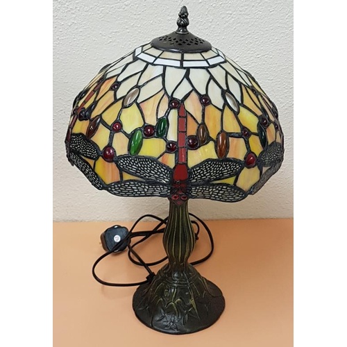 347 - Tiffany Design real glass Table Lamp with Dragonfly motifs - 47cm tall, 28cm diameter