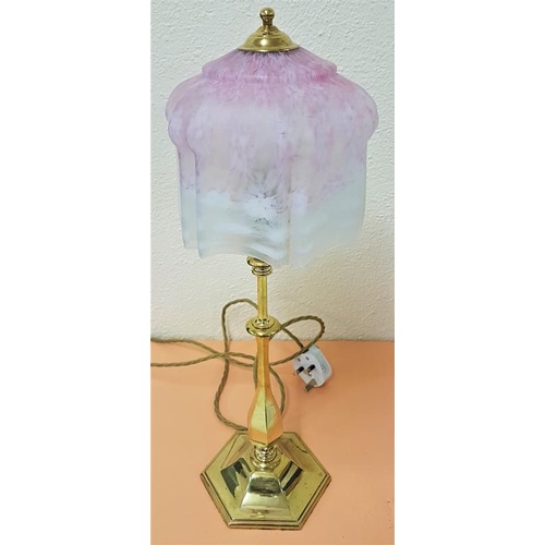 349 - Early 20th Century: Fine quality brass table lamp with mottled glass shade . 52cm tall. Recently rew... 