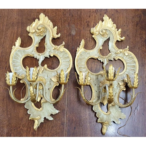 377 - Pair of Victorian Gilded and Carved Wood Three Branch Wall Sconces, c.13.5 x 25.5in