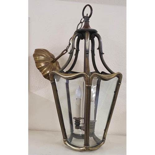 378 - Victorian Heavy Brass Lantern with bevelled glass panels, c.28in tall plus chain and rose