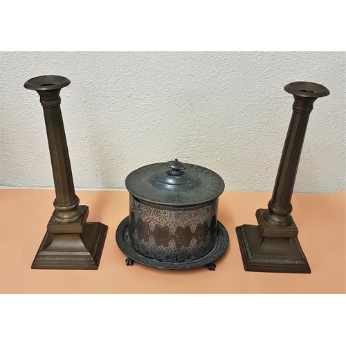 383 - Pair of Heavy Cast Brass Candlesticks and an oval Victorian biscuit barrel
