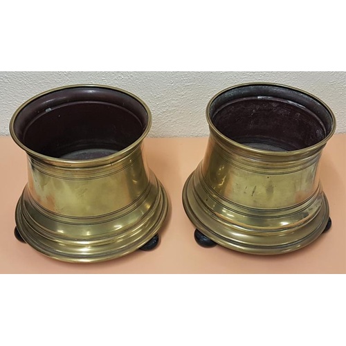 388 - Pair of 19th Century Navette Brass Jardinieres with turned cannon barrel bodies resting on three tur... 