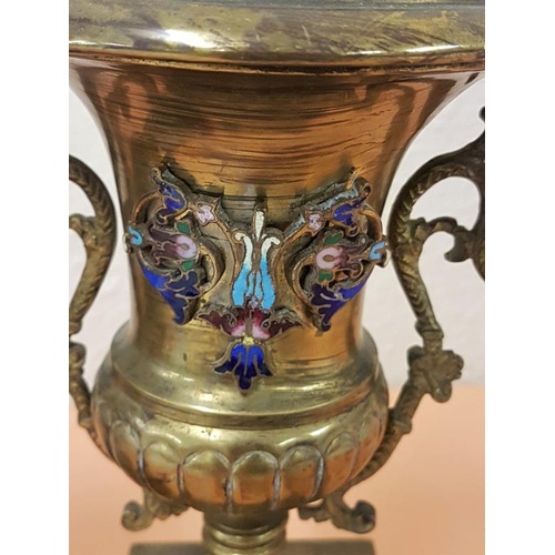 393 - 19th Century; Good pair of Brass and Enamel Adams Style Urns on shaped plinth bases. Inset coloured ... 