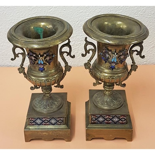 393 - 19th Century; Good pair of Brass and Enamel Adams Style Urns on shaped plinth bases. Inset coloured ... 