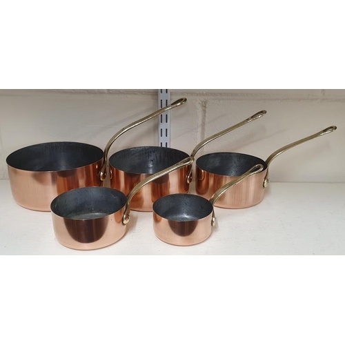 398 - Set of Five Copper Saucepans with Cast Brass Handles