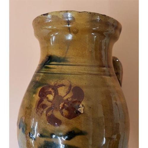 418 - 19th Century Earthenware Jug with handpainted decoration and heavy glaze, possible remains of seal m... 