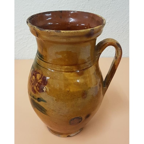 418 - 19th Century Earthenware Jug with handpainted decoration and heavy glaze, possible remains of seal m... 