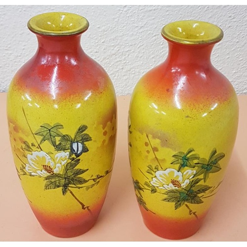 420 - Early 20th Century; Pair of Japanese designed pottery vases with handppainted floral display with bu... 