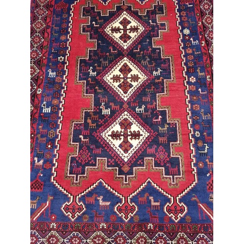 448 - Handmade Iranian 100% pure wool carpet. Tribal pattern with three central medallions. Full Pile (cle... 