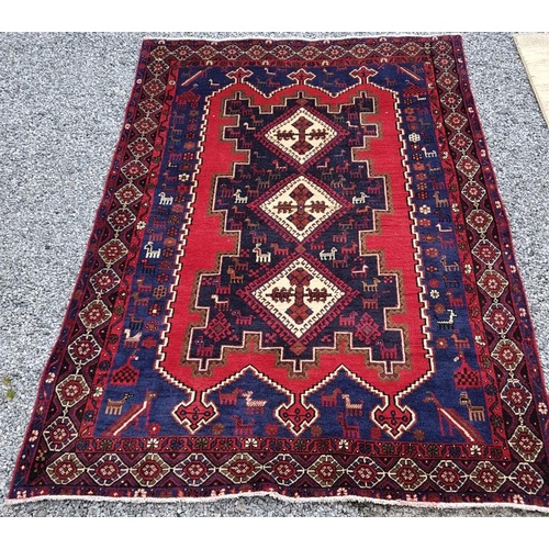 448 - Handmade Iranian 100% pure wool carpet. Tribal pattern with three central medallions. Full Pile (cle... 