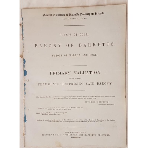 82 - Griffith's Valuation of the Barony of Barrets, Co. Cork. 1851. Complete minus blue covers