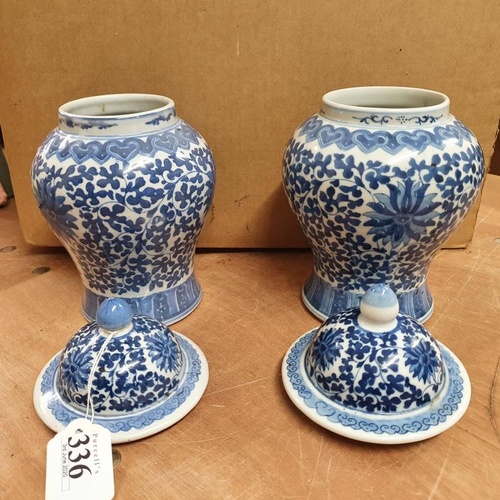 336 - Pair of Chinese Blue and White Jars with Lids, c.8.5in tall