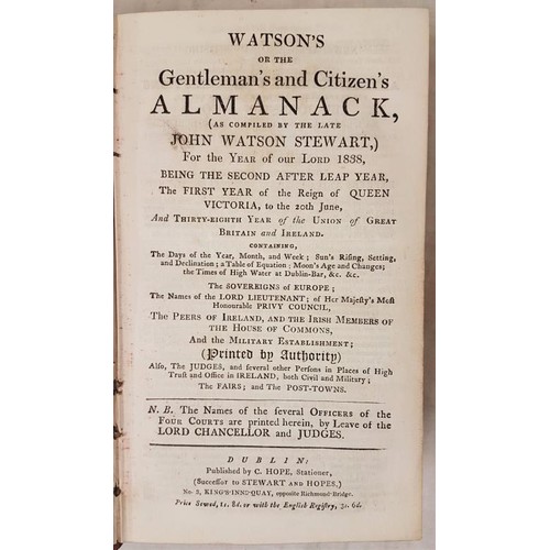 186 - Watson's Almanack, Registry and Post Office Directory 1838, Dublin, lacks map