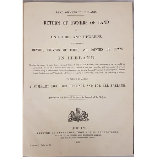 84 - Land Owners in Ireland 1876. 1st edition. Owners names, addresses and holdings over one acre fu... 