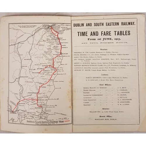 176 - Irish Railways. Dublin & South Eastern Railway from June 1913. Time Tables and Fares. Dublin to ... 