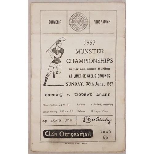 492 - Souvenir Hurling Programme. 1957 Munster Championships at Limerick Gaelic Ground. Cork v. Tipperary.... 