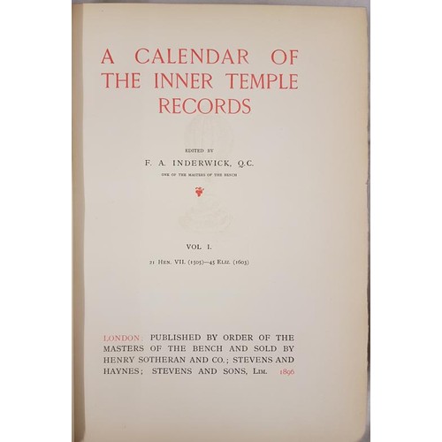 172 - Legal History: Inner Temple, London: A Calendar of The Inner Temple Records London, 1896-1933 4 vols... 