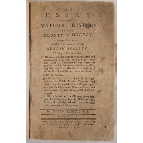 227 - John Rutty. An Essay Towards a Natural History of Dublin. Vol 2. 1772. 1st. Folding tables. Half cal... 