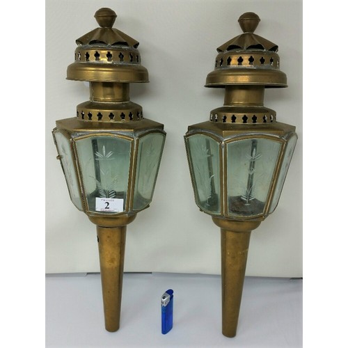 2 - A good pair of early 20th Century brass trap lamps with bevelled glass panels with etched flora... 