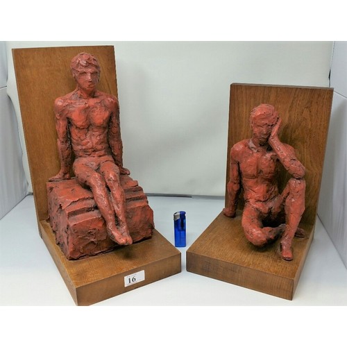 16 - A superb pair of hand sculptured oversized figures on oak bases. Monogram and date 64- possibly Dani... 