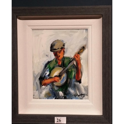 26 - Patrick Murphy Oil on Board “Banjo player “ Framed size 15.5 inches x 13.5 inches