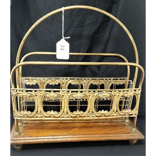 31 - Late 19th Century table top newspaper / magazine rack Oak base with beehive brass feet with bra... 