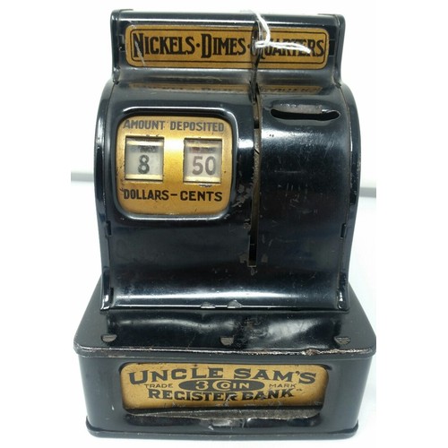 34 - Uncle Sams Register Bank. An early 20th Century tin plate Cash register . I... 