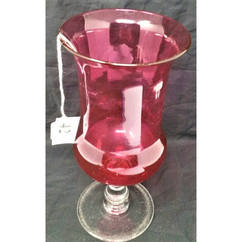 42 - Early 20th Century ruby glass vase with clear glass stem and foot. 9 inches tall x 4 inche... 