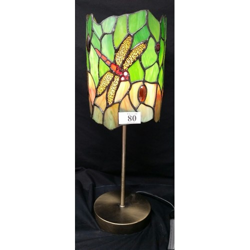 80 - A modern Tiffany design table lamp with brushed brass base and dragon fly motif. 14 inches high x 5.... 