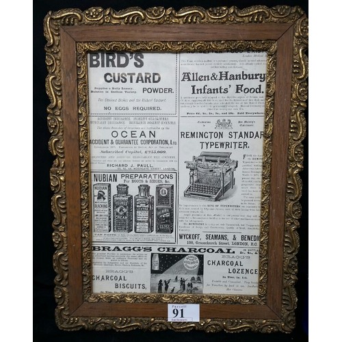 91 - Framed advertisement in a 19th Century frame 15 x11.5 inches